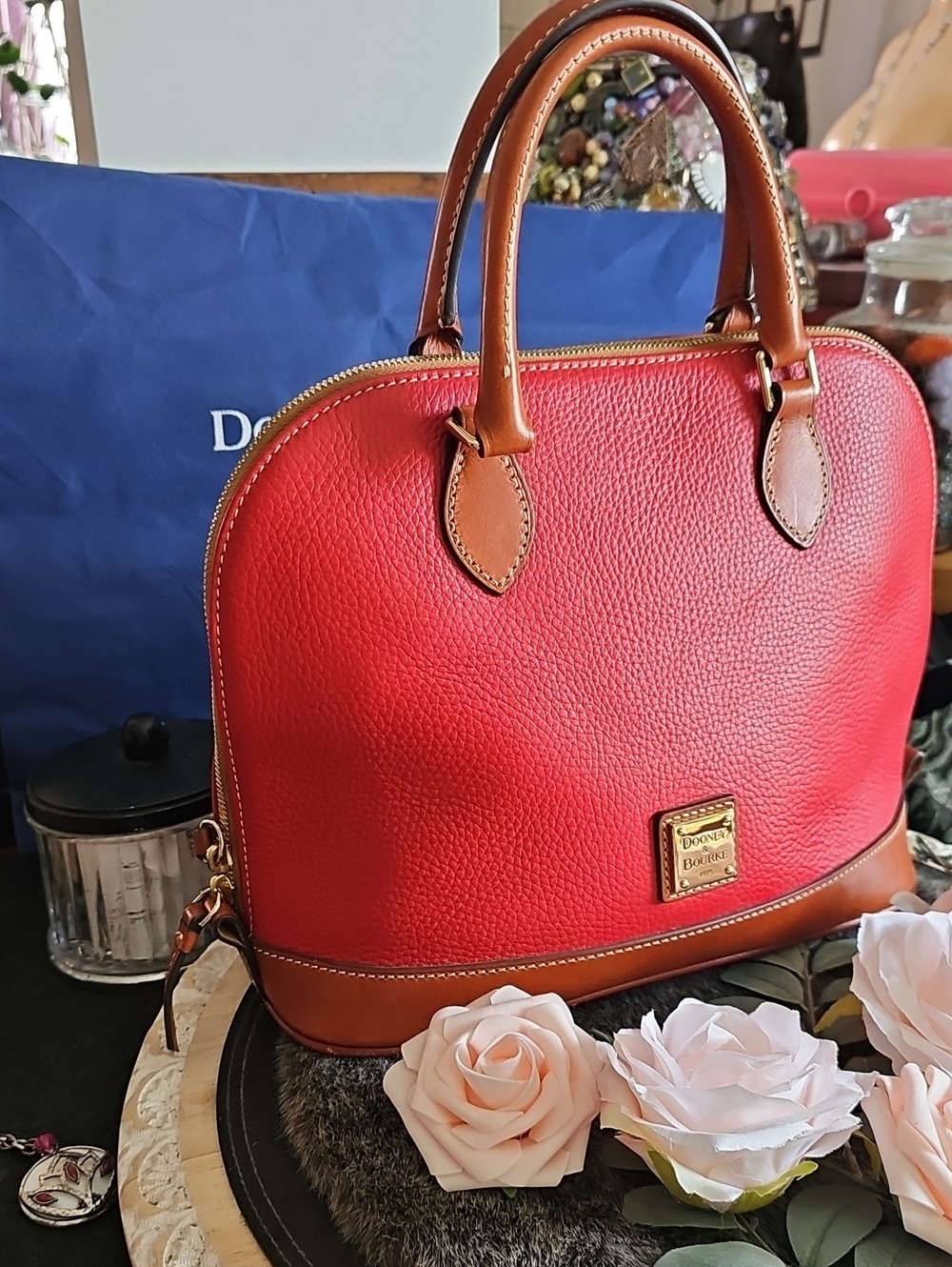 Dooney & Bourke Red Pebbled Leather Satchel with Tan Trim and Gold Hardware